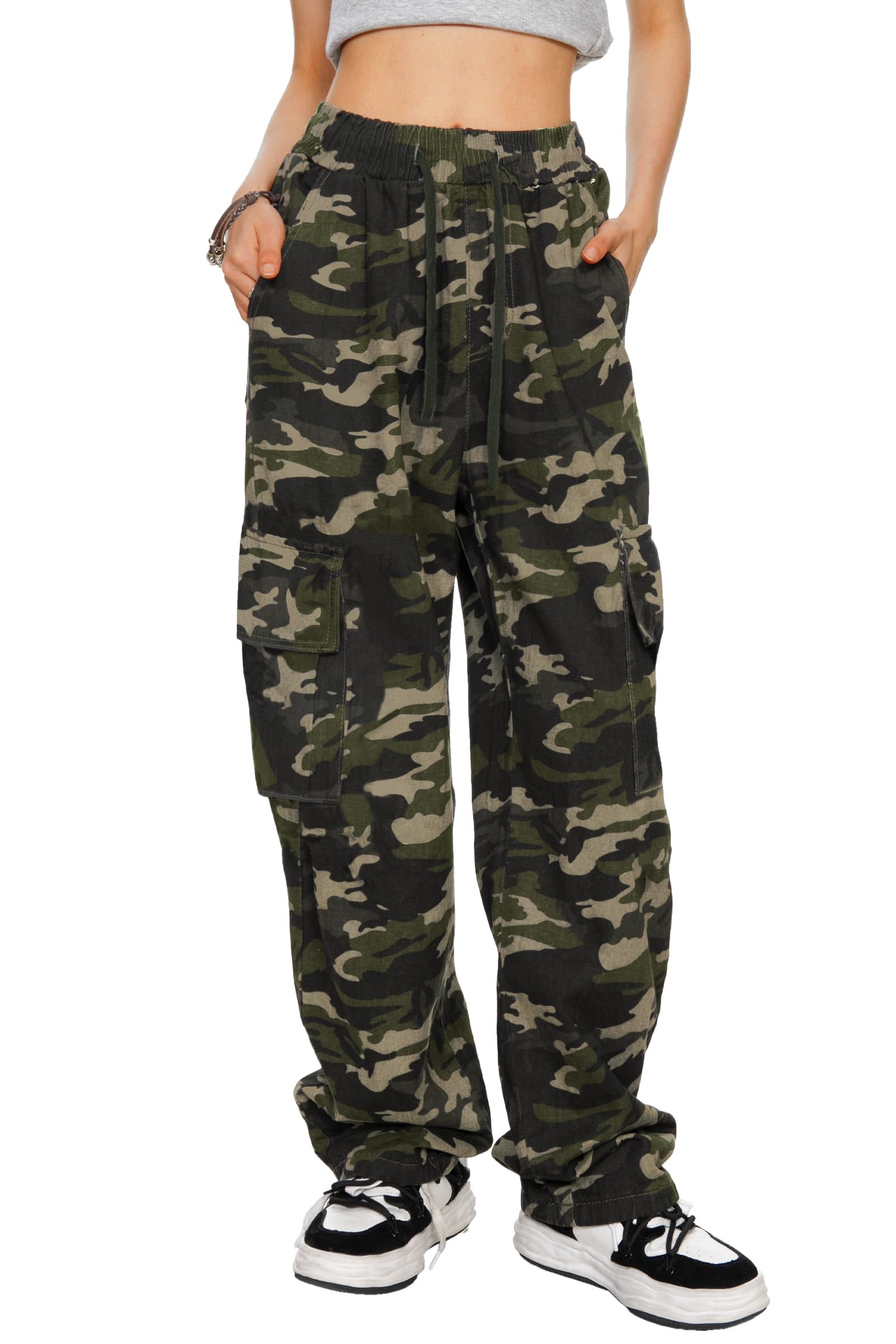 HVEPUO Camo Pants Women's High Waist Wide Leg Casual Camo Cargo Pants