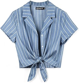 Allegra K Women Striped Button Up Lapel Collar Short Sleeve Tie Front Top