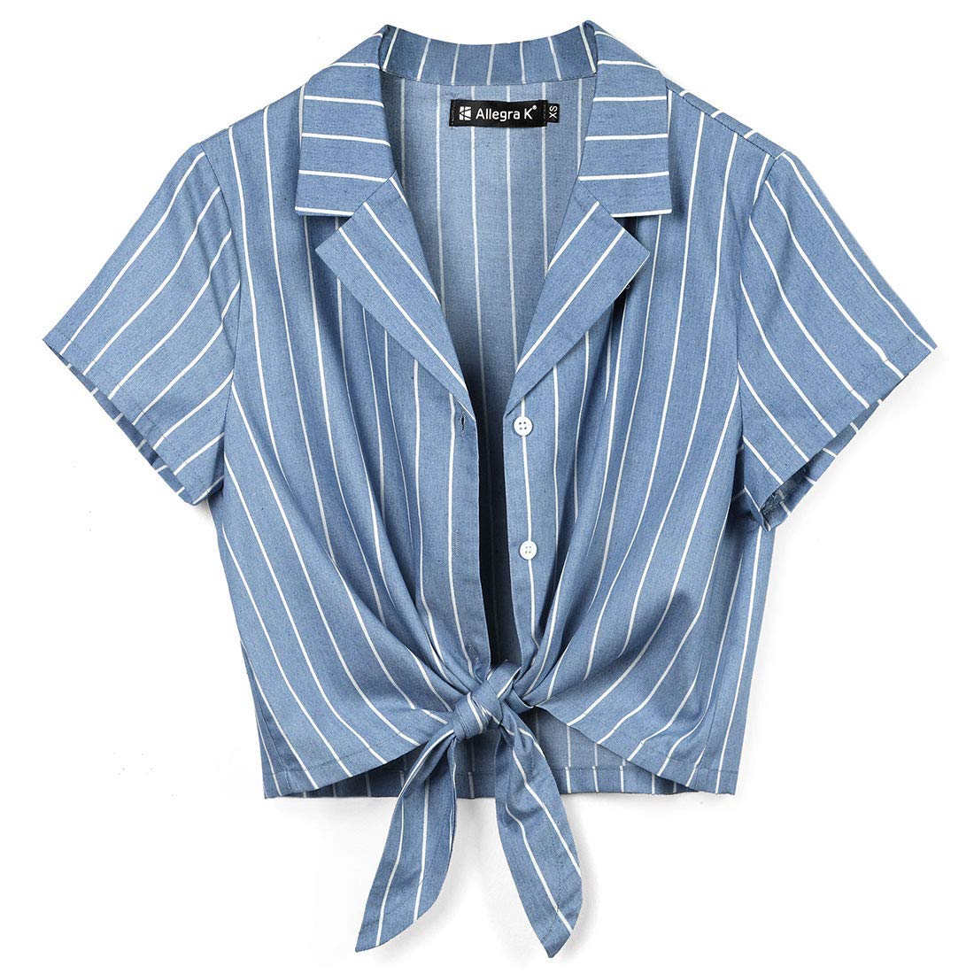 Allegra K Women Striped Button Up Lapel Collar Short Sleeve Tie Front Top