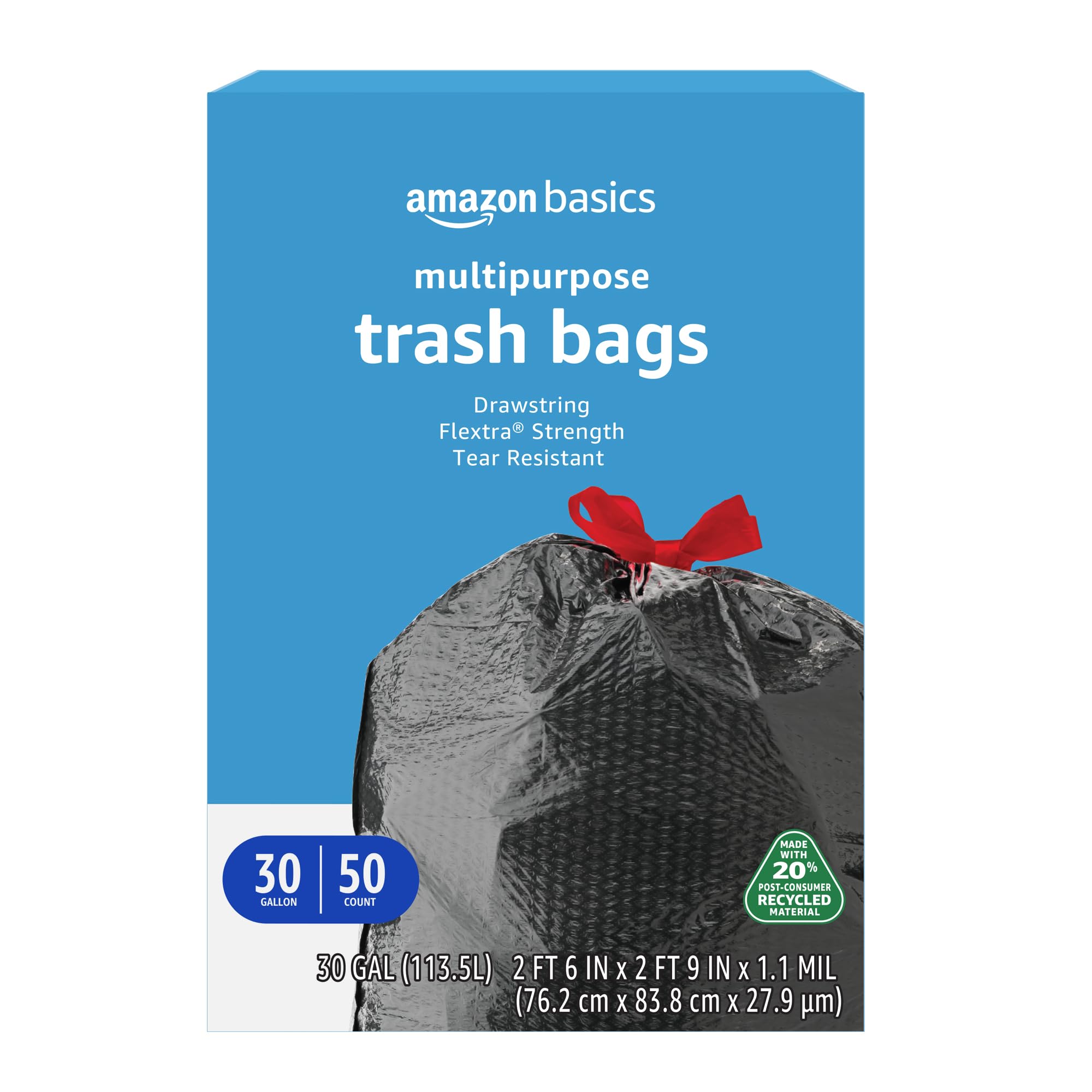 Amazon Basics 30 Gallon Flextra Strength Multipurpose Drawstring Trash Bags, 20%
