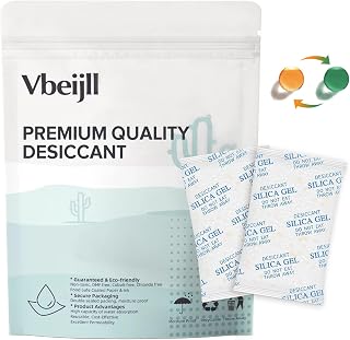 Vbeijll 5 Gram (50 Pack) Silica Gel Packets, Desiccant, Moisture Absorbers | Food Grade, Color-Indicating, Rechargeable, Protects Food Storage, Clothes, Electronics, 3D Filament & Safes from Moisture