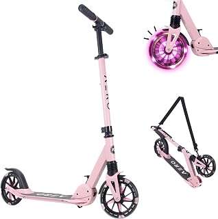 AERO MOBILITY Big Wheel Kick Scooter for Kids 6-12, Teens & Adults | Light Up Wheels | Hand Controlled Brake | Shock Absorption | Rubber Deck Mat | Foldable & Height Adjustable