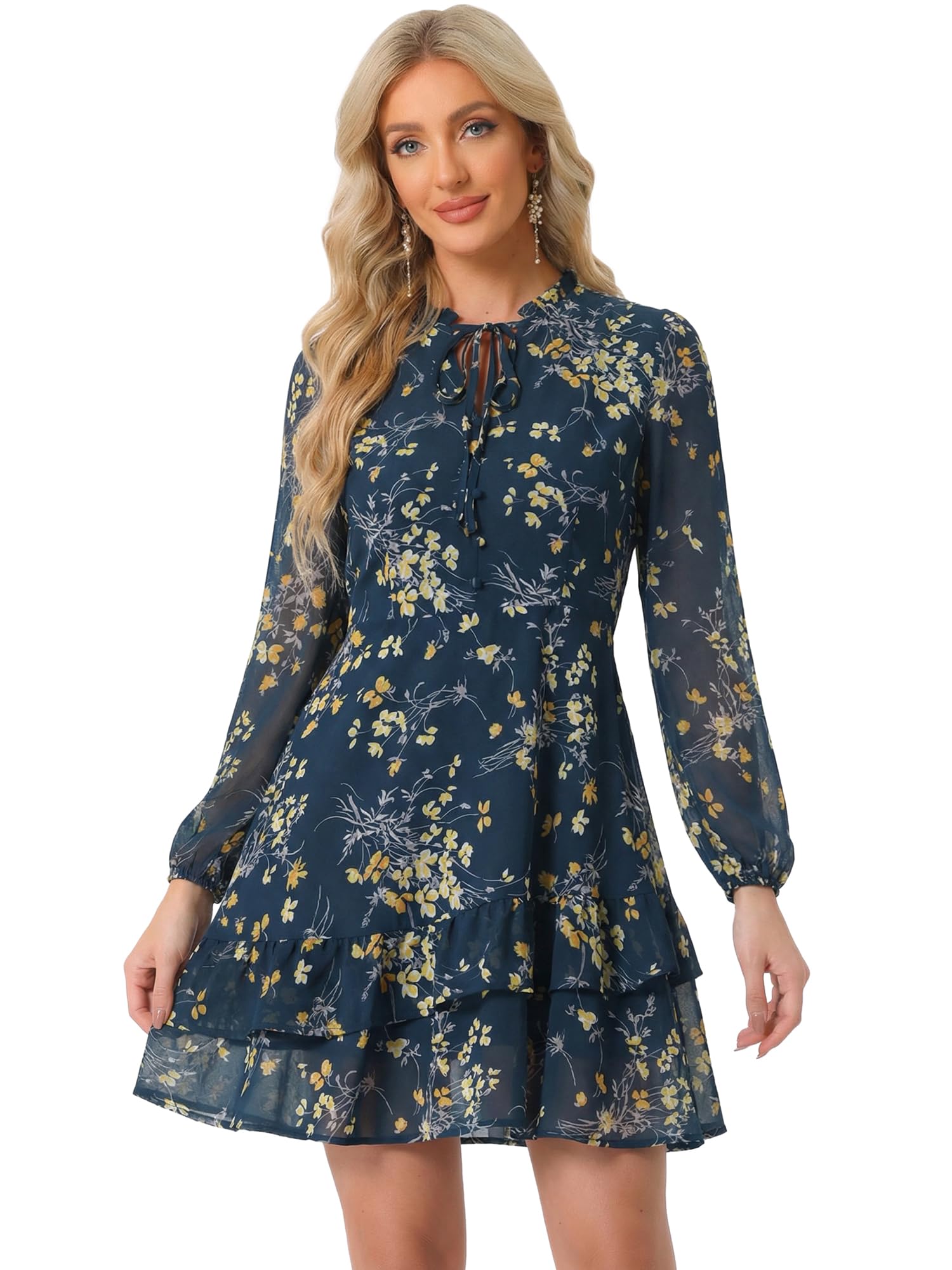 Allegra K Women Spring Dresses Layered Tiered Chiffon Mini Floral Dress