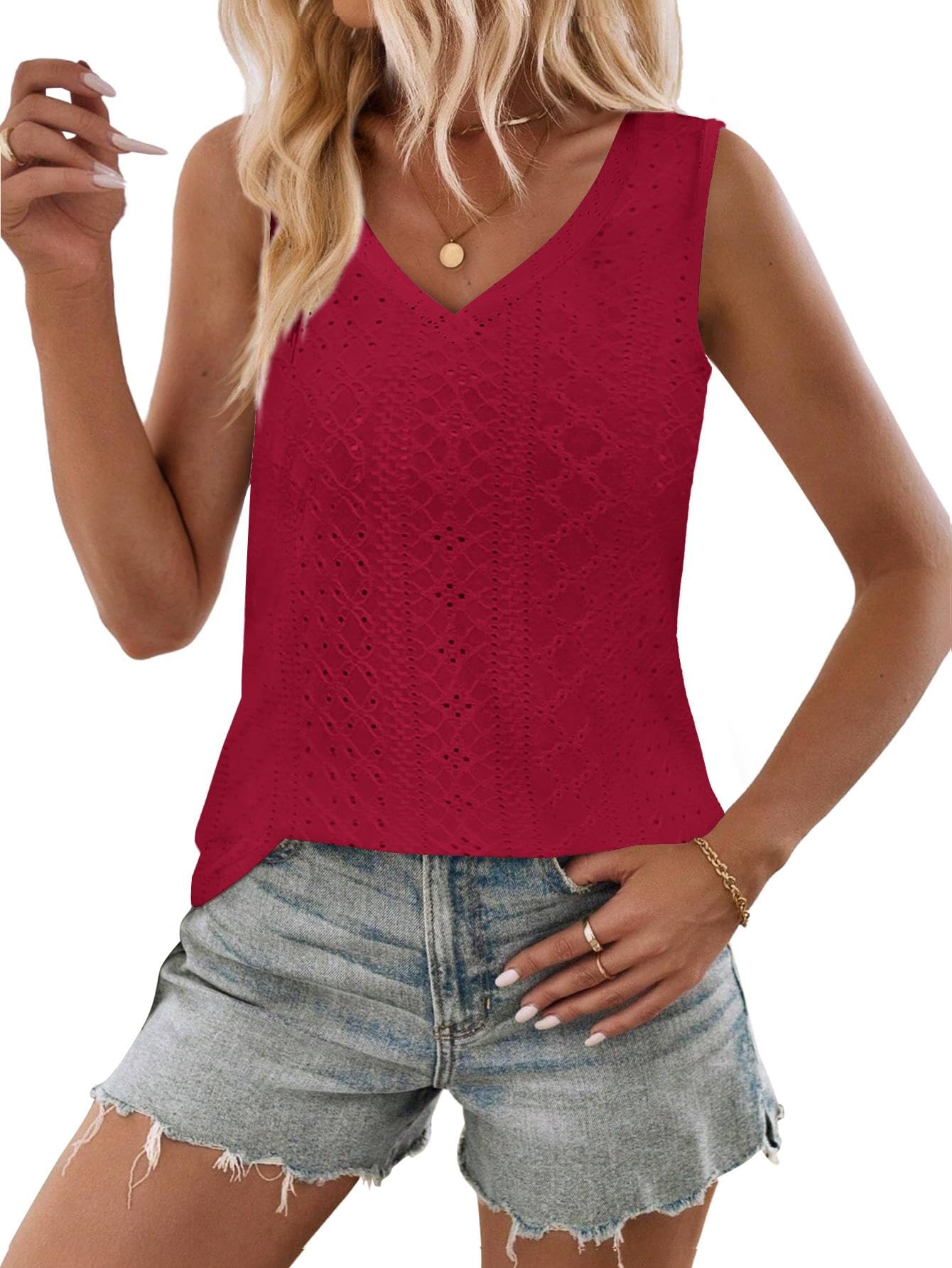 Zeagoo Women's Tank Tops with Eyelets Sleeveless V-Neck Cute Summer Loose Fit S-