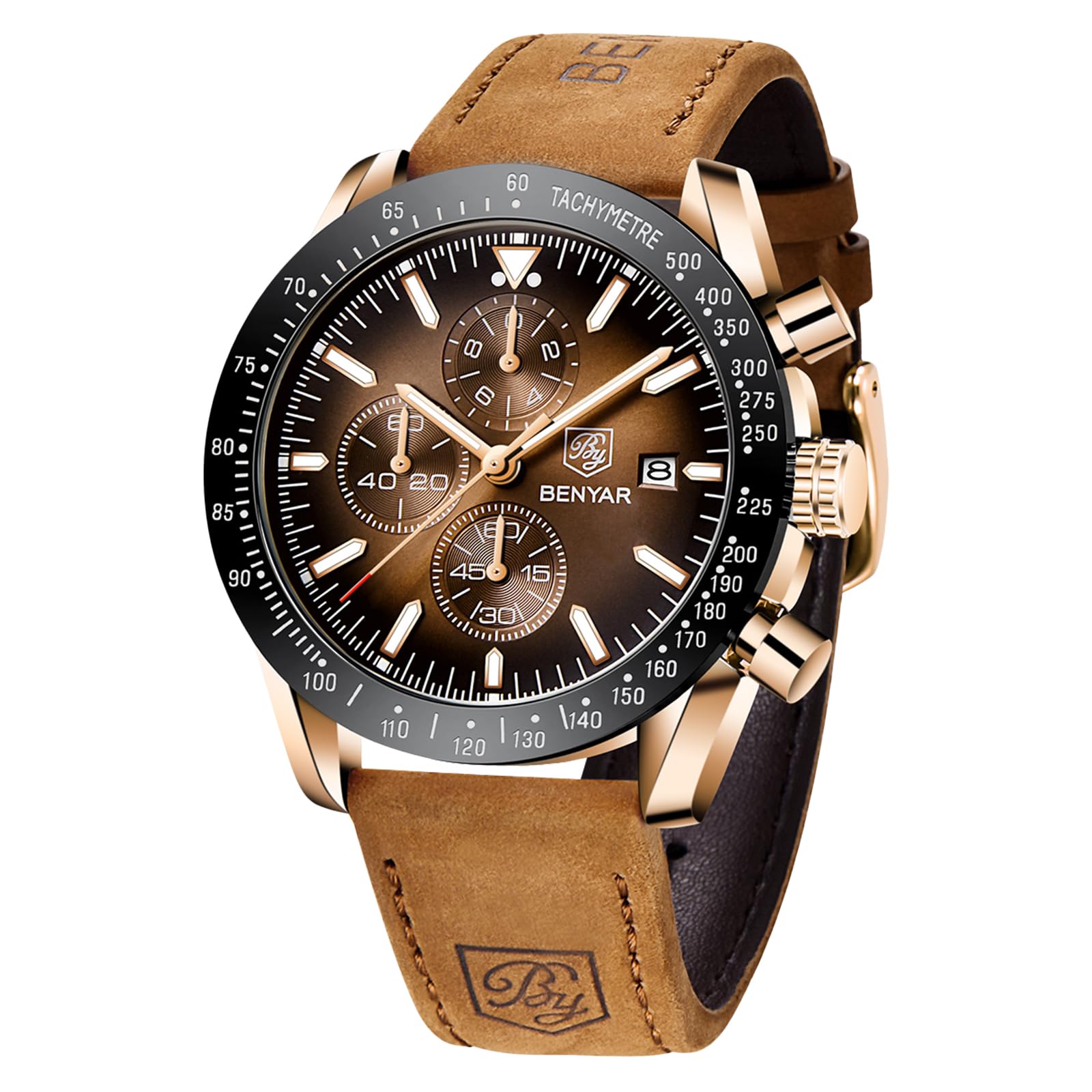 BENYAR Watches for Men, Analog Quartz Movement Chronograph Wrist Watch, Leather/