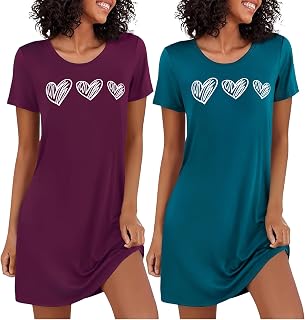 Marvmys Nightgowns Women Agodon Summer Short Sleeve Cute Print Heart Soft Elegant Nightgown