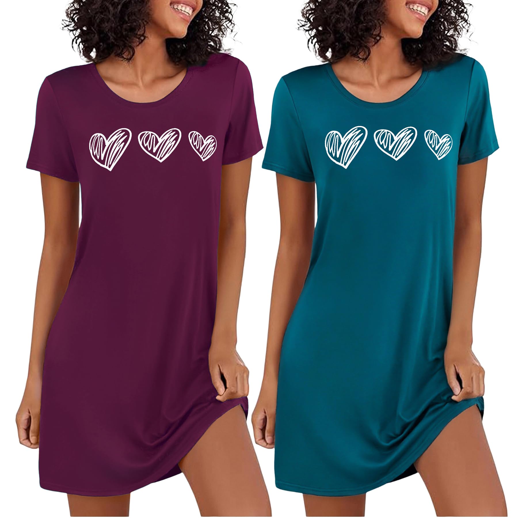 Marvmys Nightgowns Women Agodon Summer Short Sleeve Cute Print Heart Soft Elegan