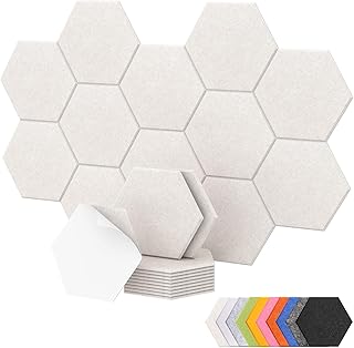 TONOR 12 Pack High Density Hexagon Acoustic Panels for Wall, 12"x 10"x 0.4" | Full Self-adhesive, Sound Insulation Treatment Foam Panel, Echo Absorbing Padding for Studio, Office, Home, Beige