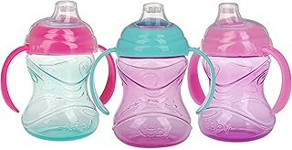 Nuby No-Spill Grip N Sip Sippy Cup with Clik It Lock, 3 Pack, 10 oz, 6M+ | Spill-Proof Active Toddler Sippy Cup with Soft Silicone Spout, Touch-Flo Valve, Ergonomic Design, For Independent Drinking
