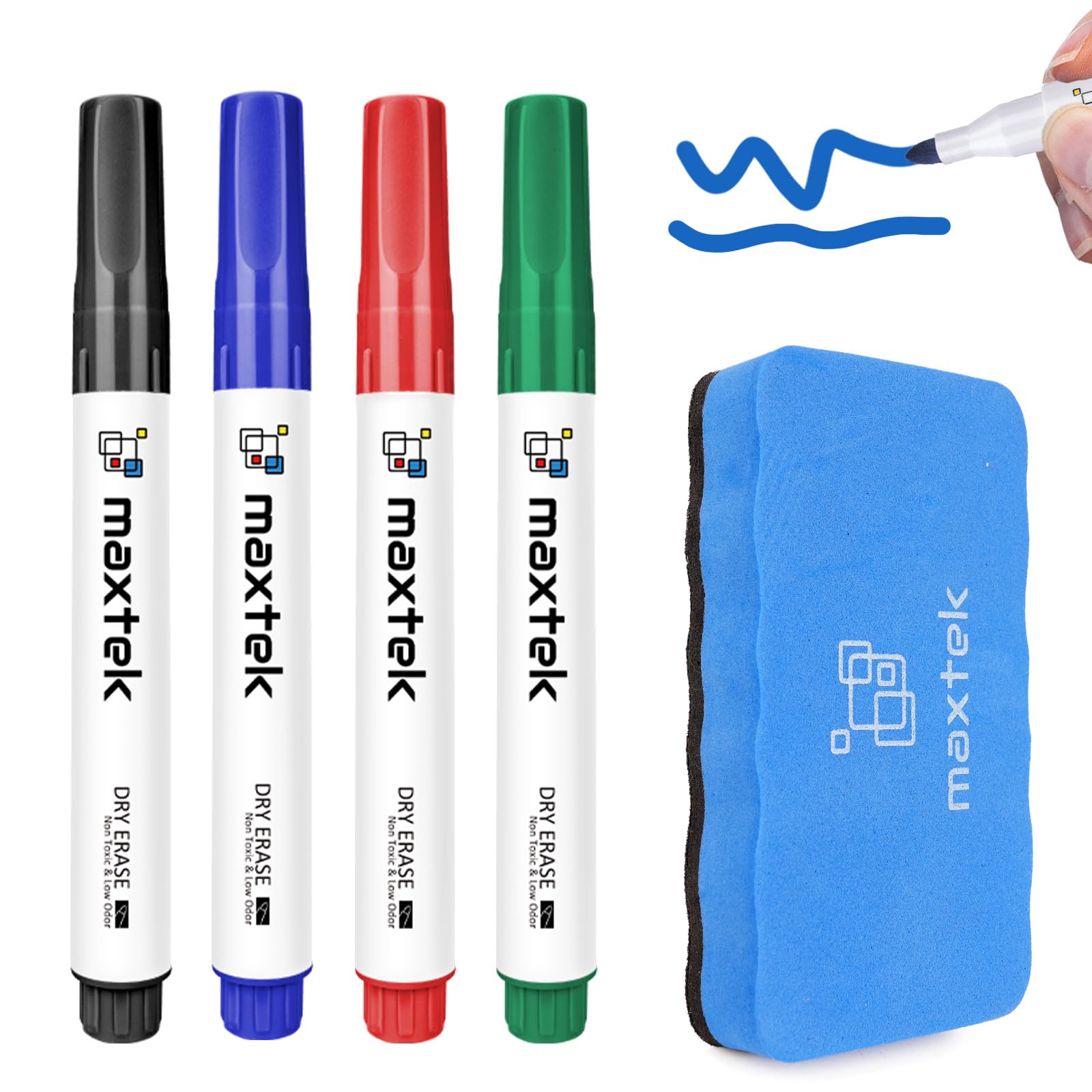 maxtek Whiteboard Pens Markers with Magnetic Eraser, 4 Colours White board Marke