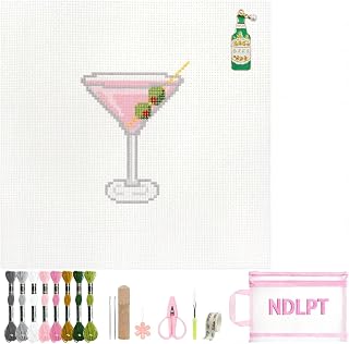 Kaitiaki 13 mesh Needlepoint Canvas Kit, 8 in Painted Canvas Set with Embroidery Floss, Needles, Guide Card, Instruction, Threader, Scissors & Project Bag for Crafter Gift(Pink Olive Martini)