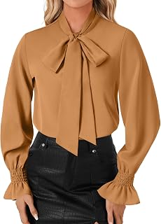 LYANER Women's Bow Tie Front Smocked Long Sleeve Blouse Elegant Office Shirt Top