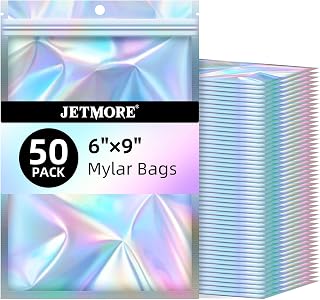 JETMORE Holographic Bags 50 PCS Mylar Bags 6x9" Resealable Embroidery Bags | Smell proof bag for goodie party favor jewelry freshie supplies candy cross stitch floss beads packaging sealable bags