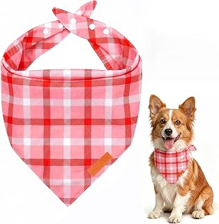 Dog Bandana Girl Red Plaid,Adjustable with 3 Buttons,Soft Silky Fabric Classic Elegance Dog Scarf, Pet Bandanas Triangular for Medium Dogs and Cats, Size M