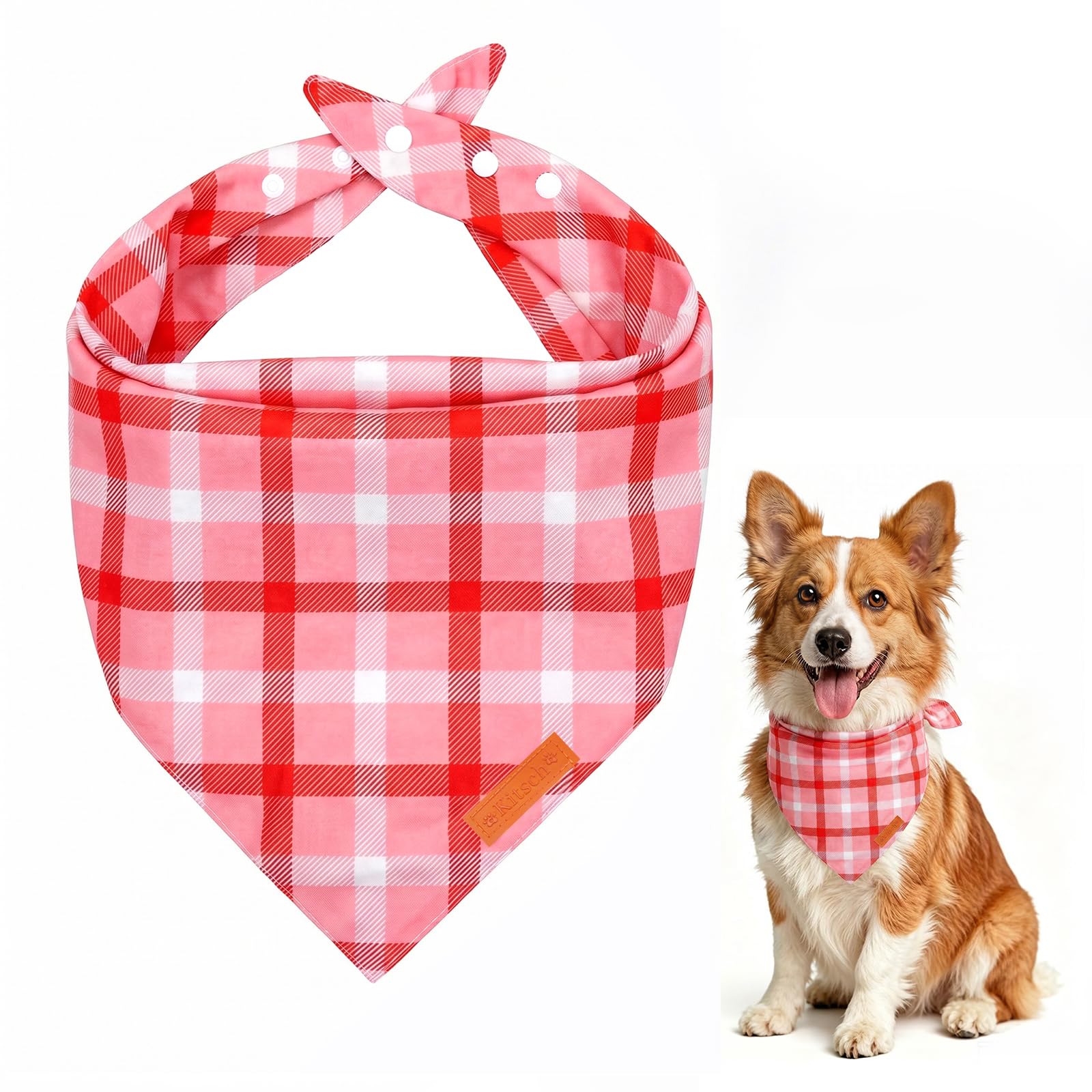 Dog Bandana Girl Red Plaid,Adjustable with 3 Buttons,Soft Silky Fabric Classic E