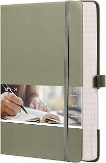EMSHOI Graph Paper Notebook, 256 Pages A5, Hardcover, Thick 120gsm Paper, Smooth Faux Leather, Inner Pocket, 14 x 21 cm, Olive Green