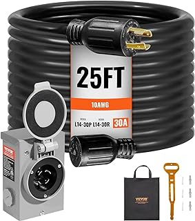 VEVOR 30 Amp Generator Cord and Power Inlet Box Kit, 25 FT, NEMA L14-30P/L14-30R SJTW 10 AWG Generator Power Extension Cord with Twist Lock Connector, Pre-Drilled Inlet Box for RV Outdoor, ETL Listed