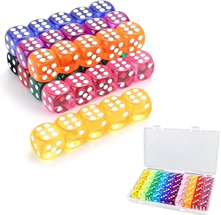 50 Pieces Dice Set 6 Sided 10 Colours Spot Dices with Box, 16mm Round Corner, Pefect for Board Games Dice Gamces Math Teaching (Transparent)