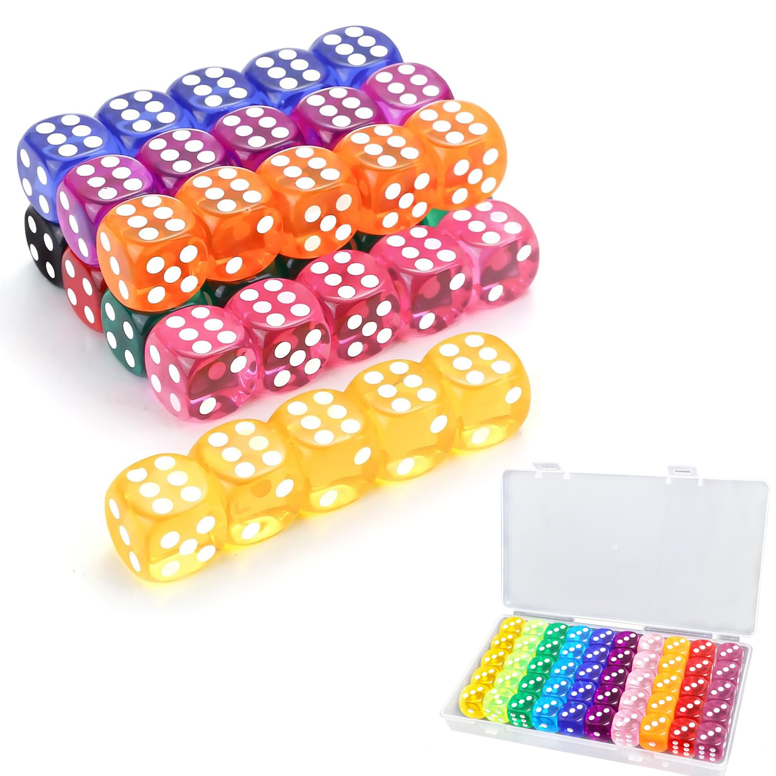 50 Pieces Dice Set 6 Sided 10 Colours Spot Dices with Box, 16mm Round Corner, Pe