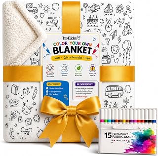 TRAYCLICKS Coloring Blanket with Markers, Cozy Doodle DIY Color Your Own Sherpa Fleece for Kids & Adults, 15 Fabric Markers, 40" x 60", Arts & Crafts Activity, Creative Gift for Boys & Girls