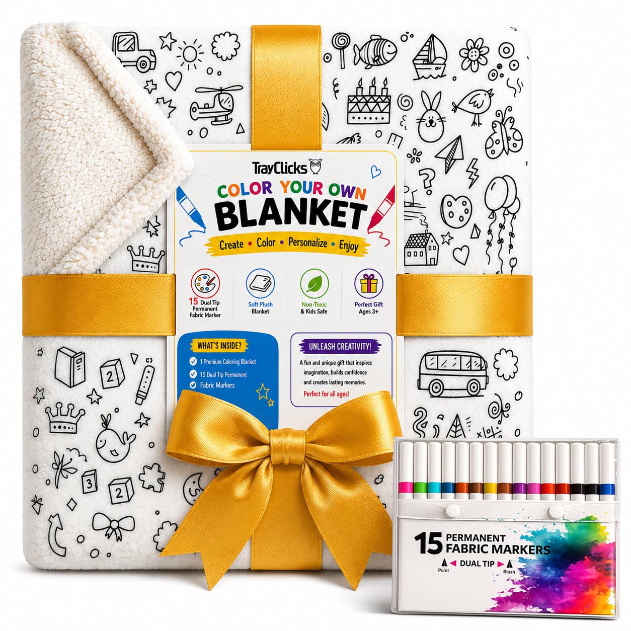 TRAYCLICKS Coloring Blanket with Markers, Cozy Doodle DIY Color Your Own Sherpa 