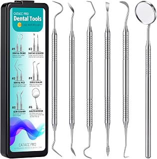 CATACC PRO Dental Pick Tools Kit, Plaque Tartar Remover Tooth Scraper | 6-in-1, Deep Cleaning, Stainless Steel, Teeth Whitening, Oral Hygiene Kit, with Case, Home Use Between Dentist Visit, Pets