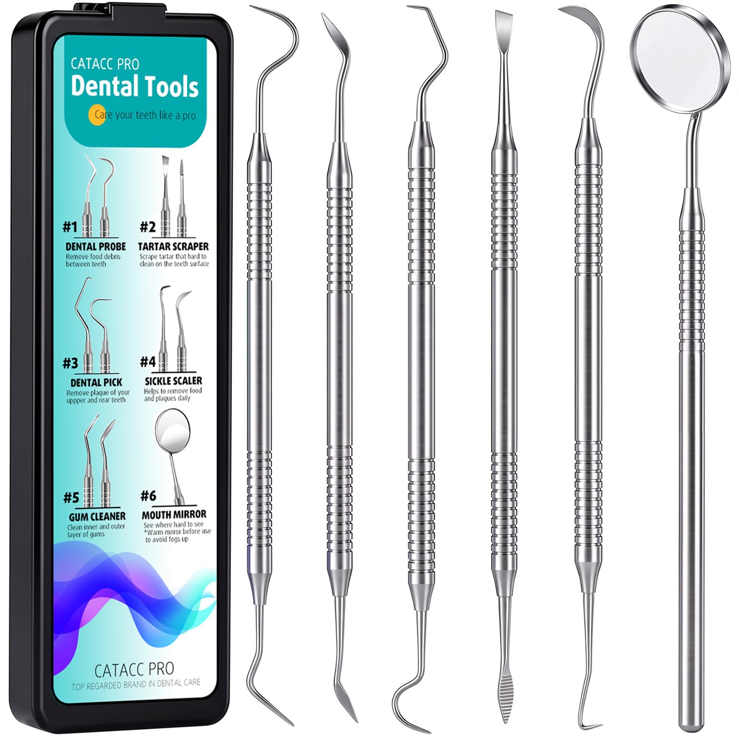 CATACC PRO Dental Pick Tools Kit, Plaque Tartar Remover Tooth Scraper | 6-in-1, 