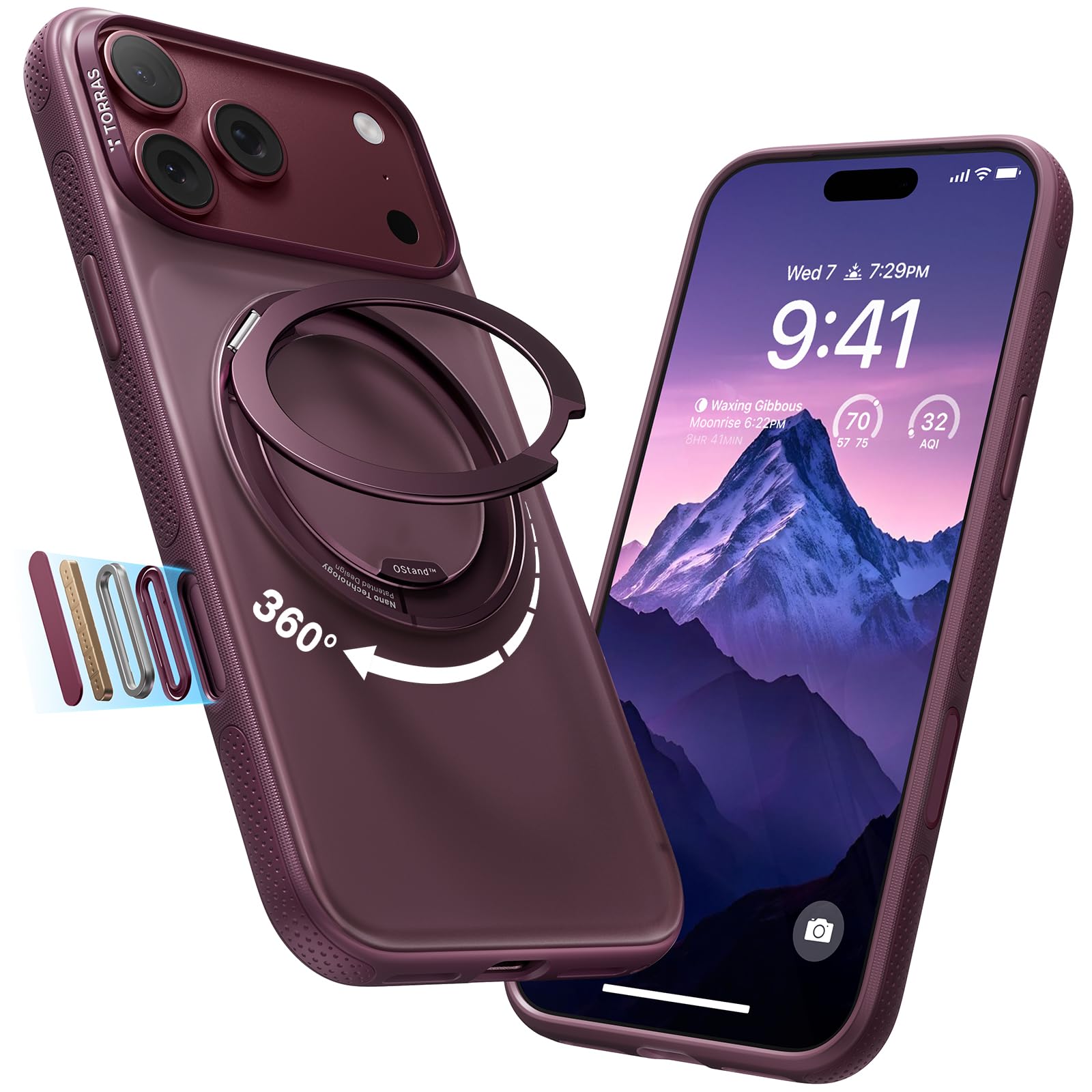 TORRAS 360 Magnetic Stand for iPhone 18 Pro Max Case, O3 Fitness, Burgundy | [Fi