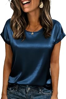 Satin Blouses for Women Short Sleeve Tops Crewneck Silk Shirt Business Casual Summer Outfits 2026