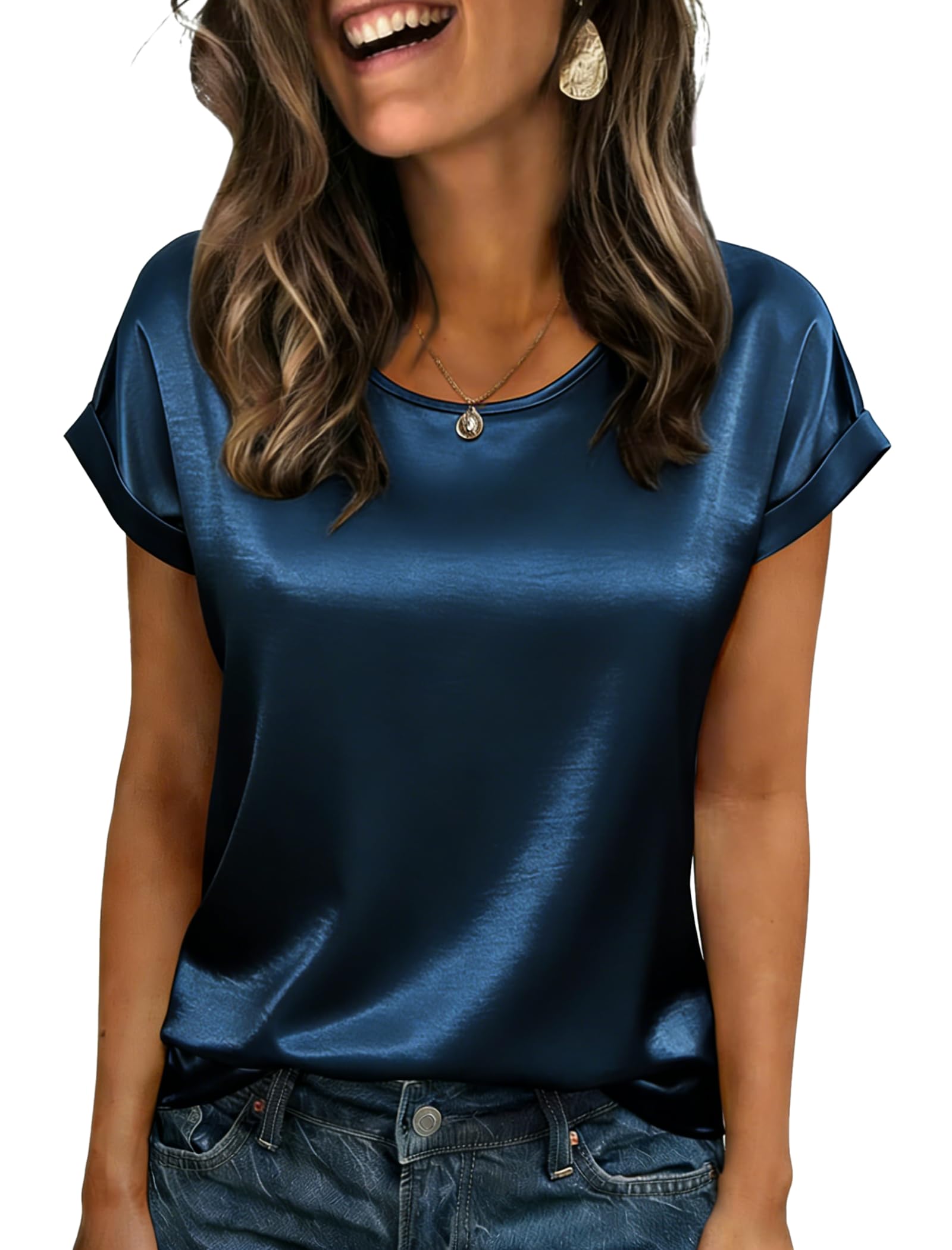 Satin Blouses for Women Short Sleeve Tops Crewneck Silk Shirt Business Casual Su