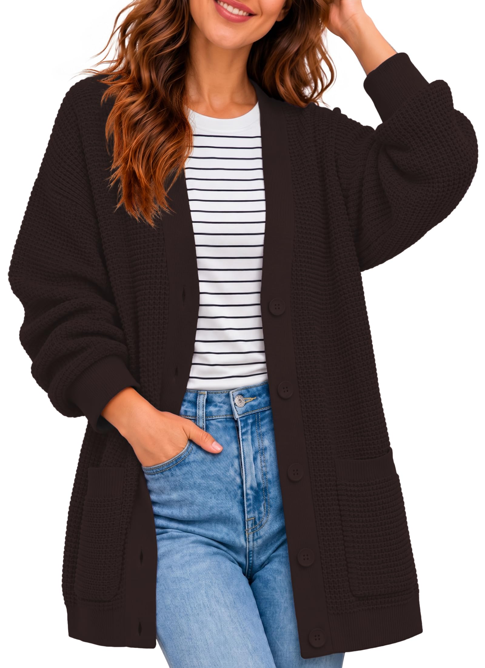 QUALFORT Cardigan da Donna in 100% Cotone con Bottoni e Tasche