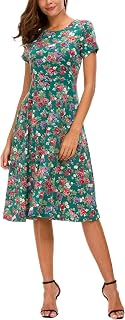 EXCHIC Women Flowers Print Short Sleeve Midi Dress Round Neck Knee Length High Waist Elastic Dress