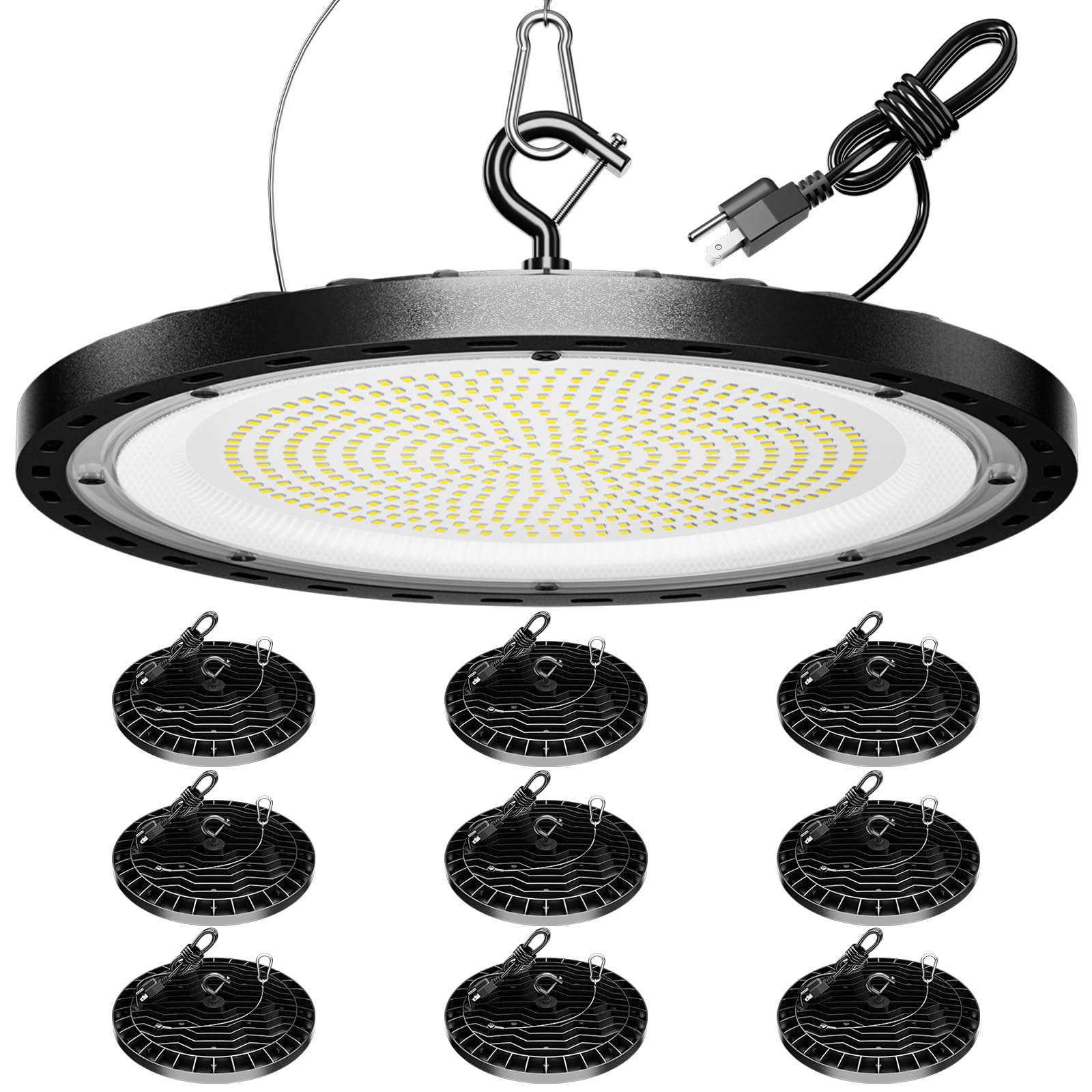 10 Pack 200W UFO LED High Bay Light, 29500lm 5000K Shop Lights for Warehouse, 5'