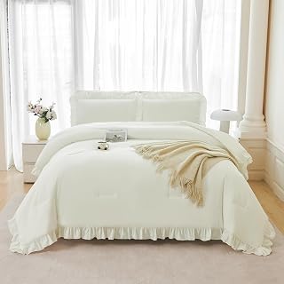 ANGIYUIN 5 Pieces Ivory Twin Size Bedding Set for Kids Girls Beige Ruffled Bed in A Bag with Sheets Farmhouse Fluffy Comforter Set Shabby Chic Bed Sets(Ivory Twin)