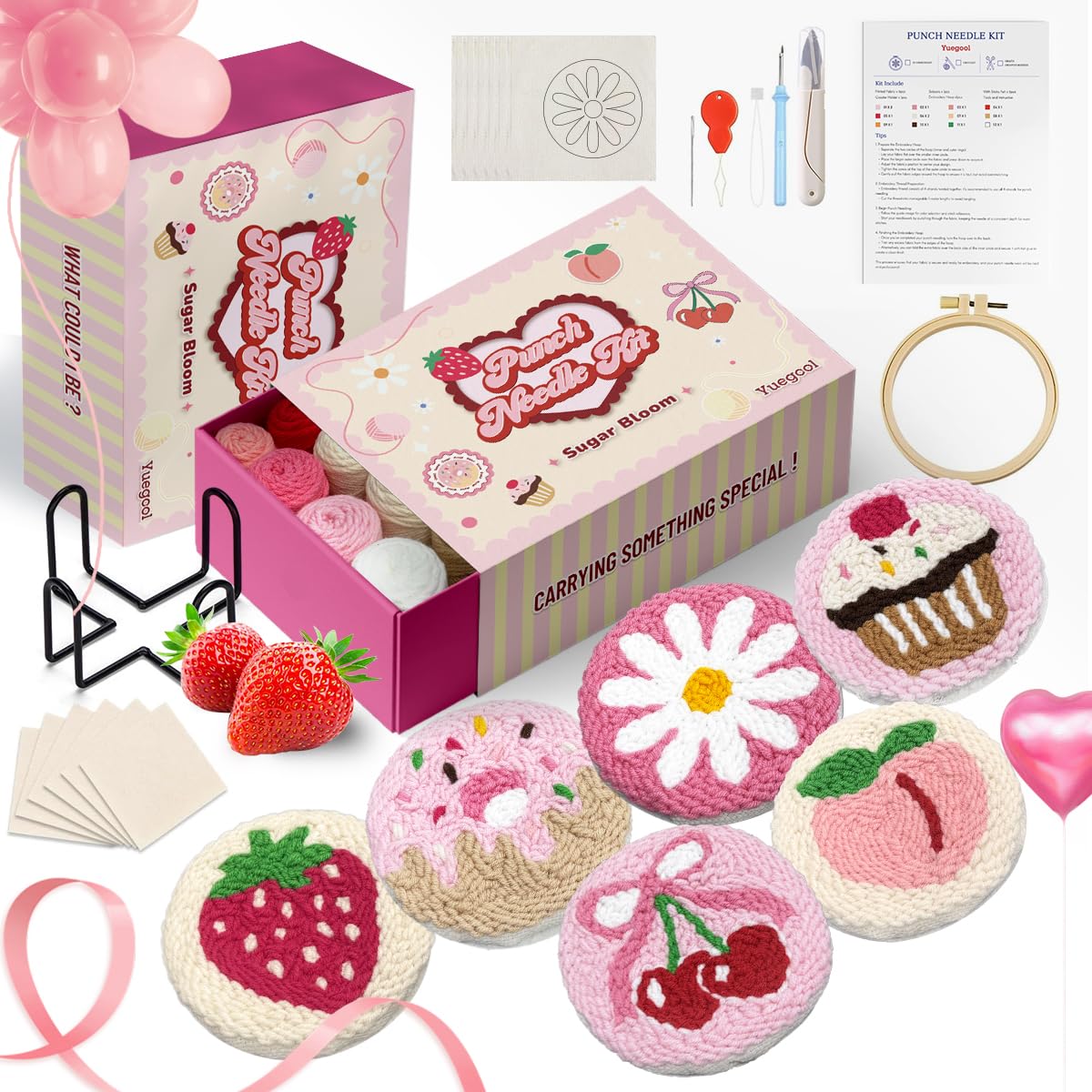 yuegool 6PCS Punch Needle Coasters Kit,Easy DIY Punch Needle Embroidery Kit for 