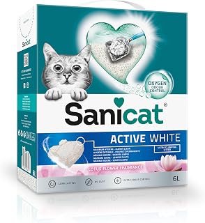 Sanicat - Active White binder sand with lotus flower, made of natural minerals with guaranteed odour control, absorbs moisture and makes cleaning easier, 6L capacity