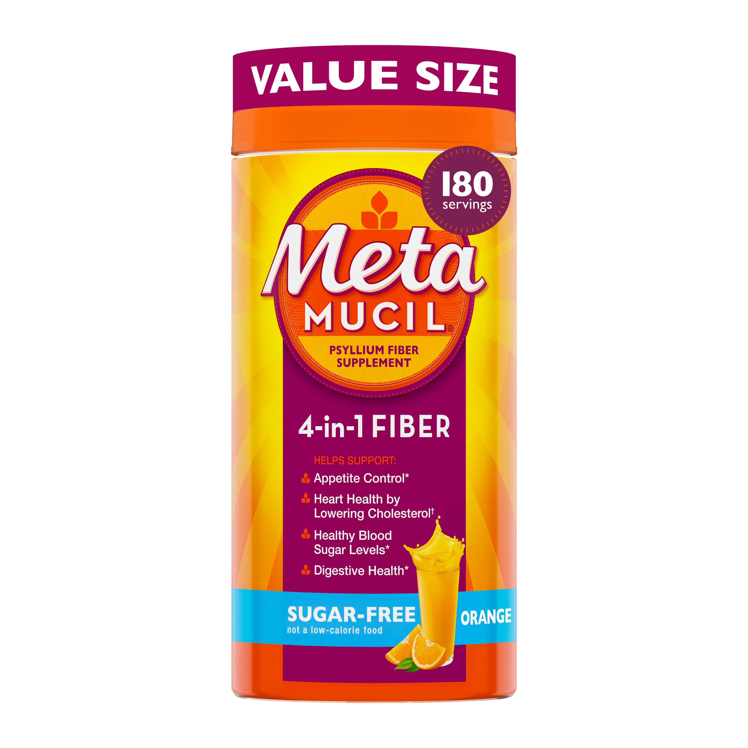 Metamucil 4-in-1 Psyllium Husk Fiber Supplement, Sugar-Free, 180 teaspoons, Oran