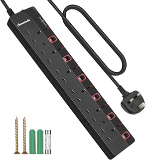 DEWENWILS 6 Way Surge Protected Extension Lead with Individual Switches | Extension Cable 3M, with Indicator Lights, 13Amp 6Gang Power Strip Lead, Black