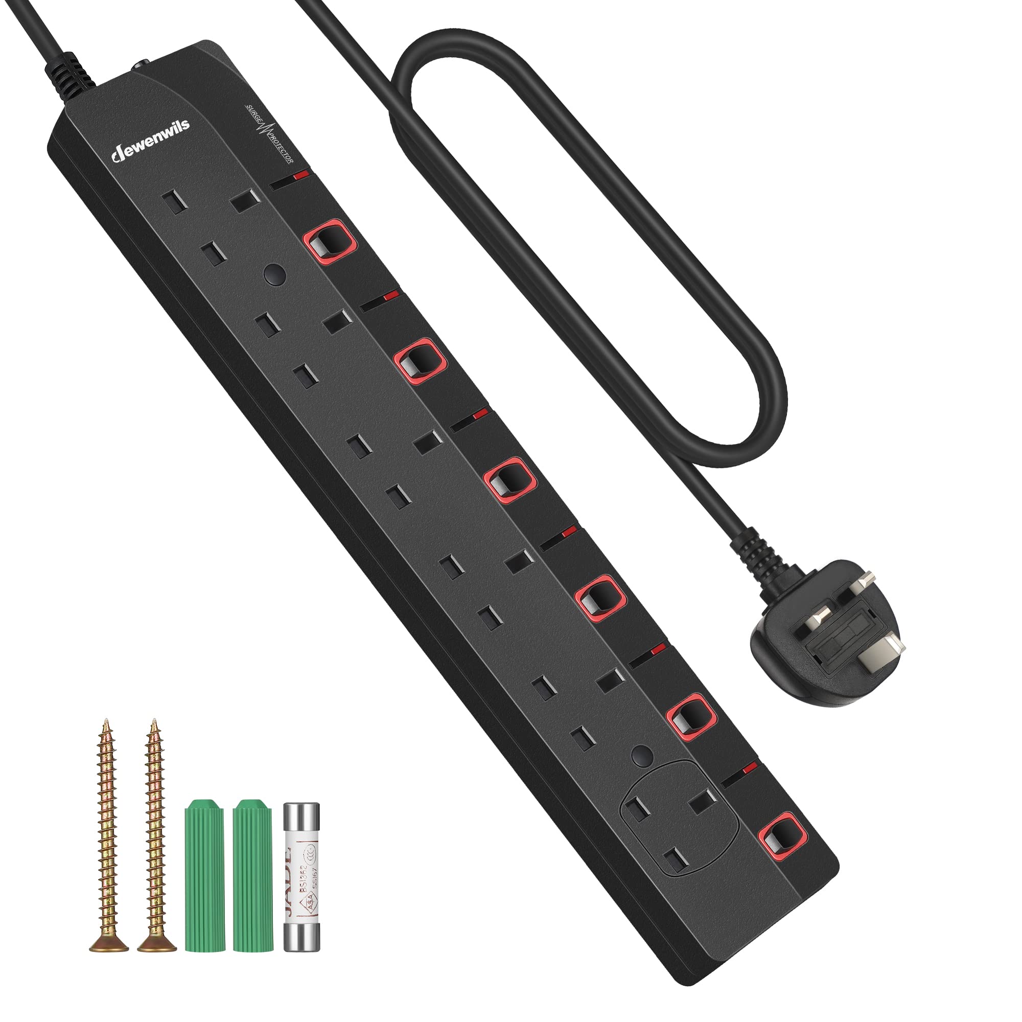 DEWENWILS 6 Way Surge Protected Extension Lead with Individual Switches | Extens