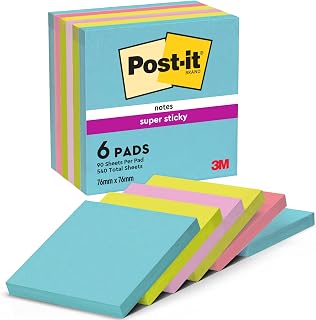 Post-it Notes Super Sticky, 6 Pads (540 Sheets), 76mm x 76mm | Super Sticky Repositionable Sticky Notes for Reminders, Lists and Planning; Also on Vertical Surfaces