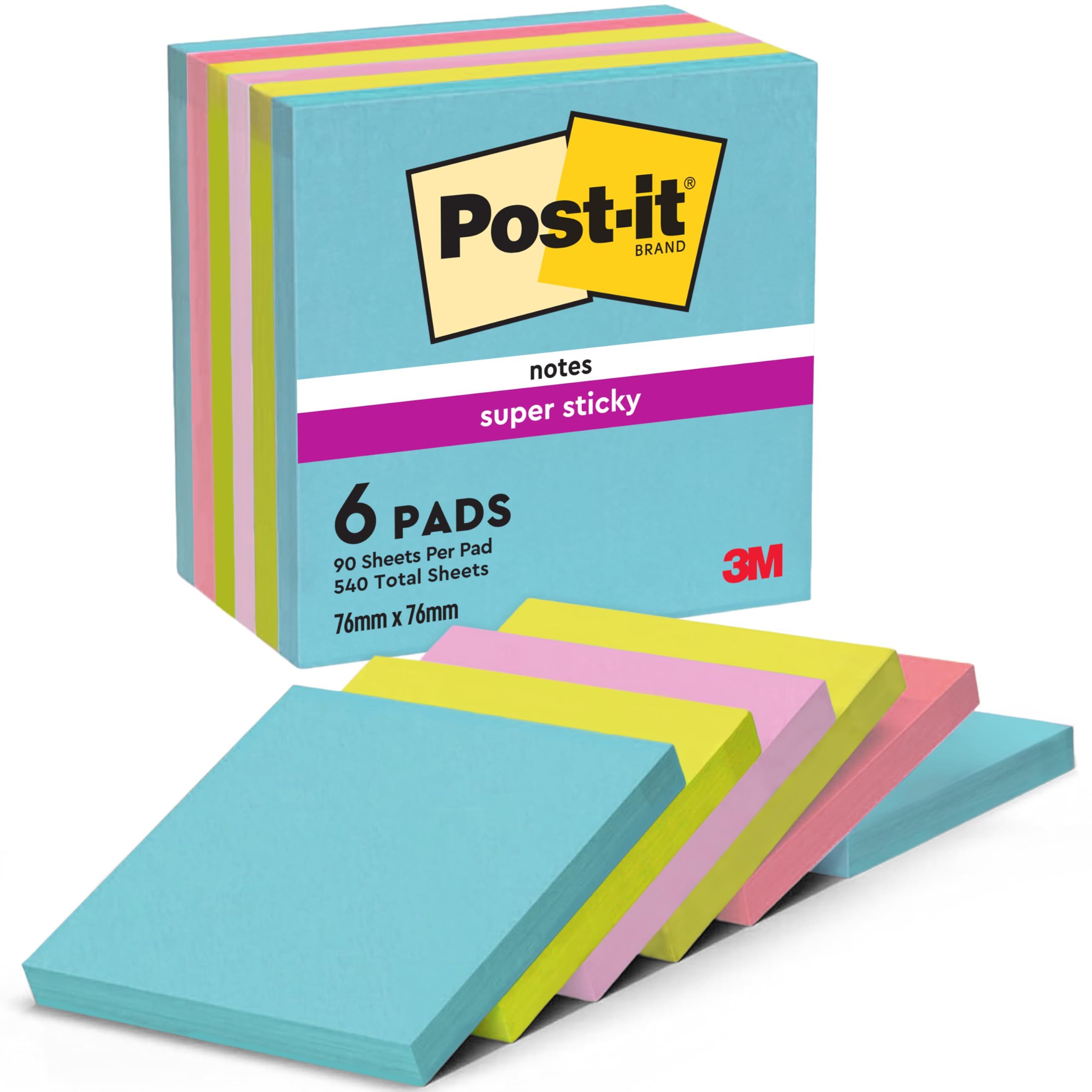 Post-it Notes Super Sticky, 6 Pads (540 Sheets), 76mm x 76mm | Super Sticky Repo