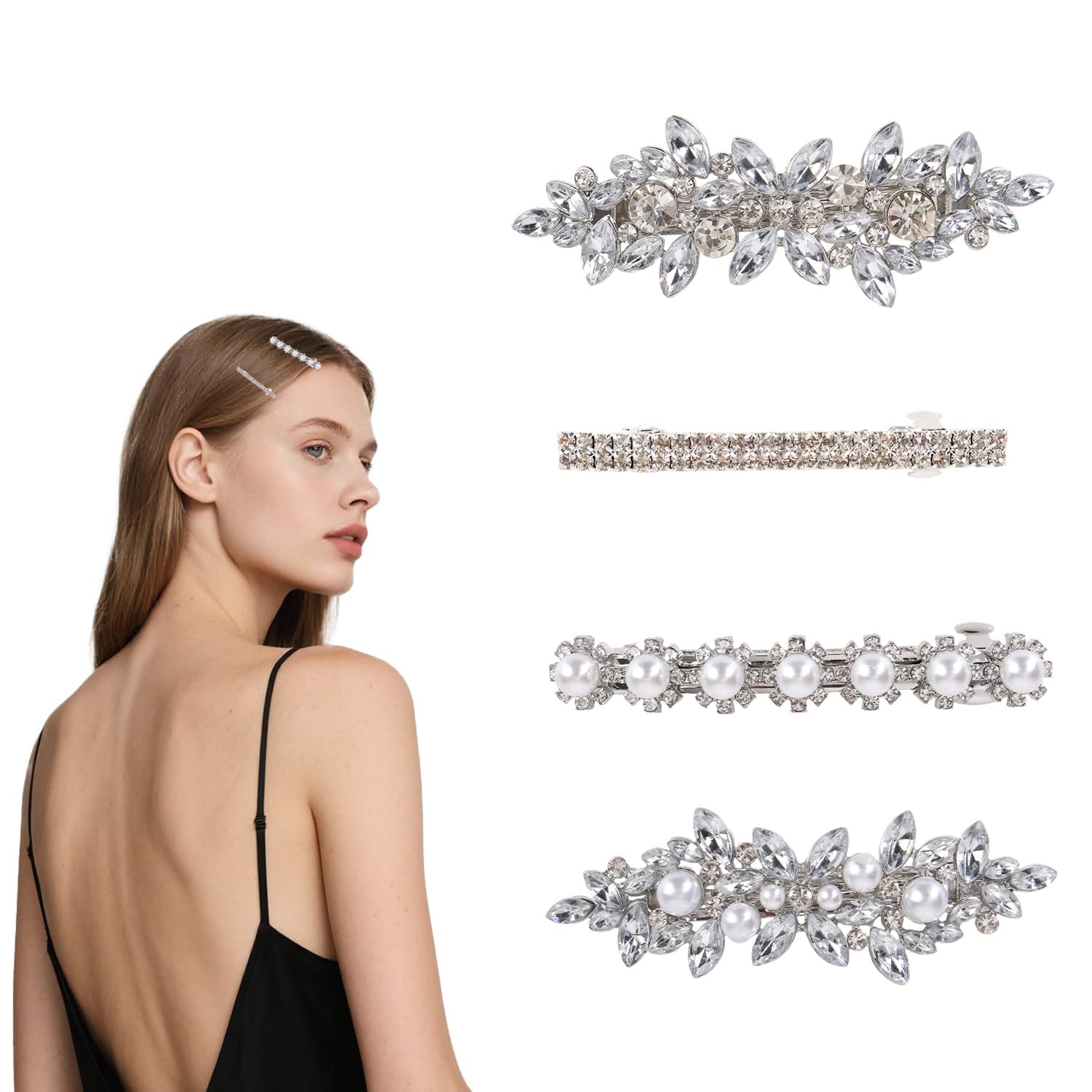 4 Pieces Rhinestone Hair Clips Shiny Silver Hair Pins for Women Elegant Hair Bar