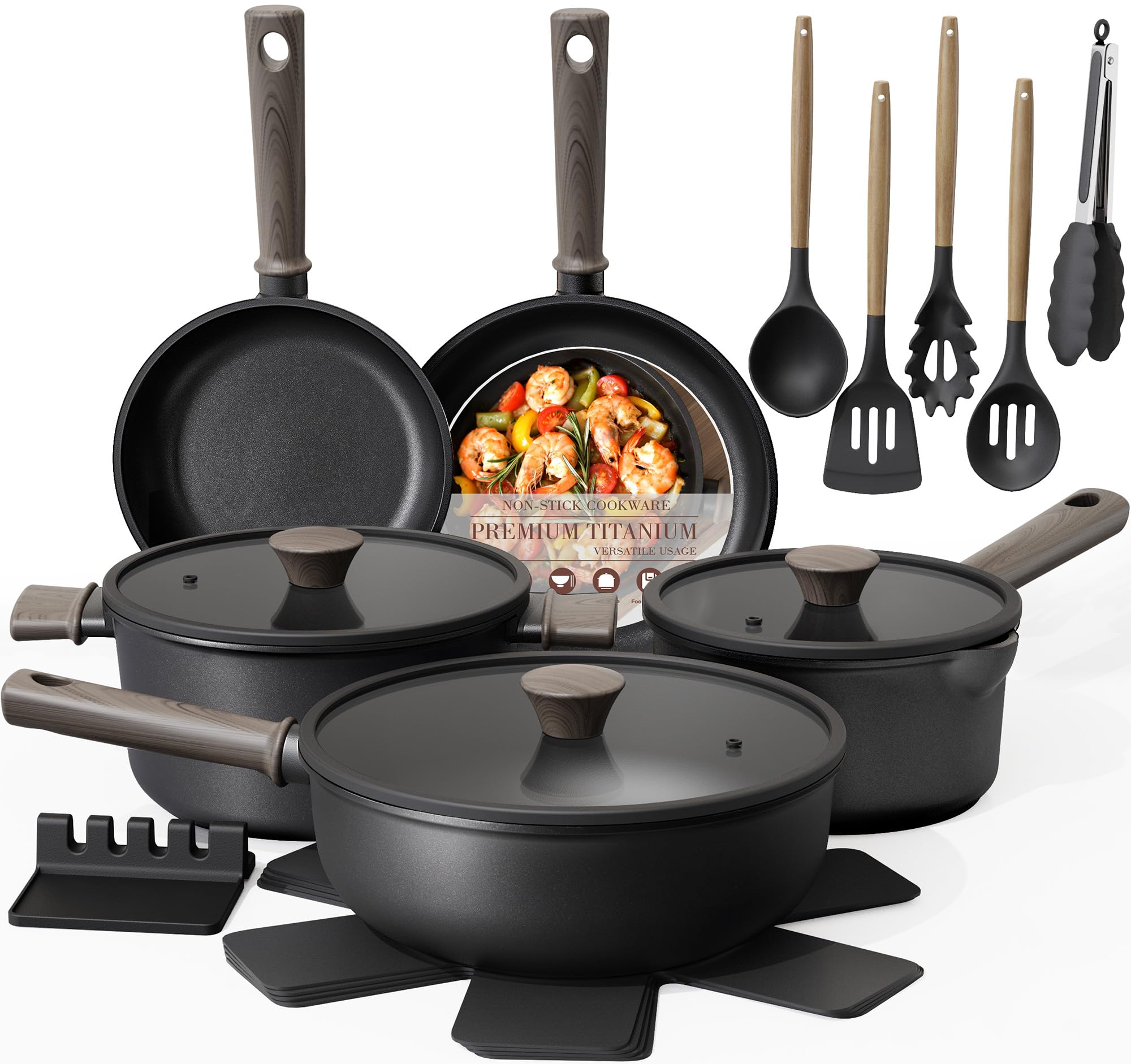 Astercook 19 Pcs Pots and Pans Set Non Stick, Black Titanium Induction Kitchen C