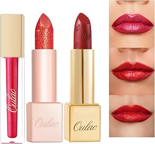 OULAC Red Metallic Lip Gloss Kit – Shimmer & High Pigment, Long Lasting Moisture Lip Gloss Set, Creamy Texture & Hydrating with Shea Butter, Vegan & Clean Beauty Formula MD07+PG02+MSD12(3pcs)
