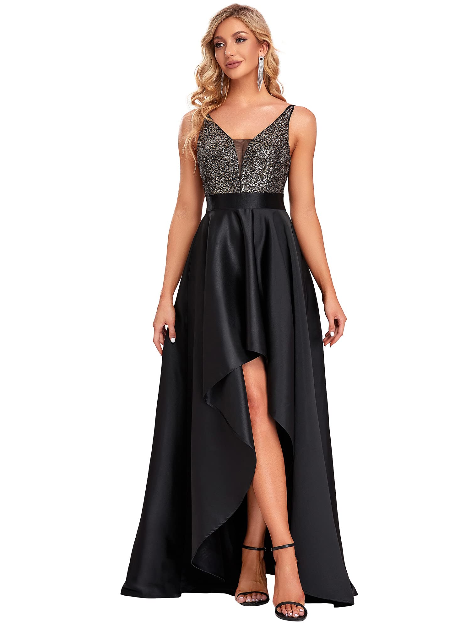 Ever-Pretty Asymmetrical Prom Evening Dress Long Woman Sequins V-Neck Elegant 00