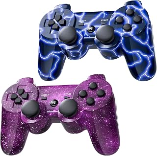 2 Pack Controller for PS3 Wireless Motion Sense Dual Vibration Upgraded Gaming Controller for Play 3 with Charging Cord (Blue and Purple)