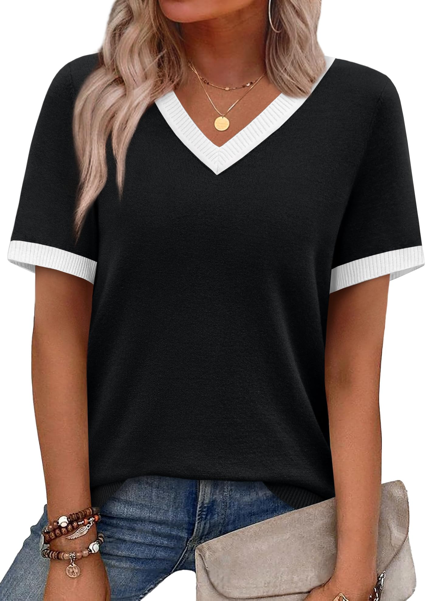 WIHOLL Short Sleeve Sweater for Women V Neck Spring Summer Tops 2026 Work Busine