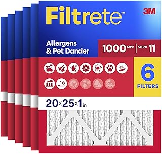Filtrete 20x25x1 Air Filter, MERV 11, MPR 1000, 6 HVAC Filters | Allergens & Pet Dander, 3-Month AC/Furnace Filters, Cleaner Air, Reliable Airflow, (Act. Size 19.68x24.68x0.81 in)