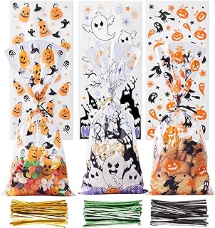 CCINEE Halloween Cellophane Treat Bags, 150pcs Halloween Plastic Clear Candy Bags with 300pcs Twists for Snacks Cookies Packing