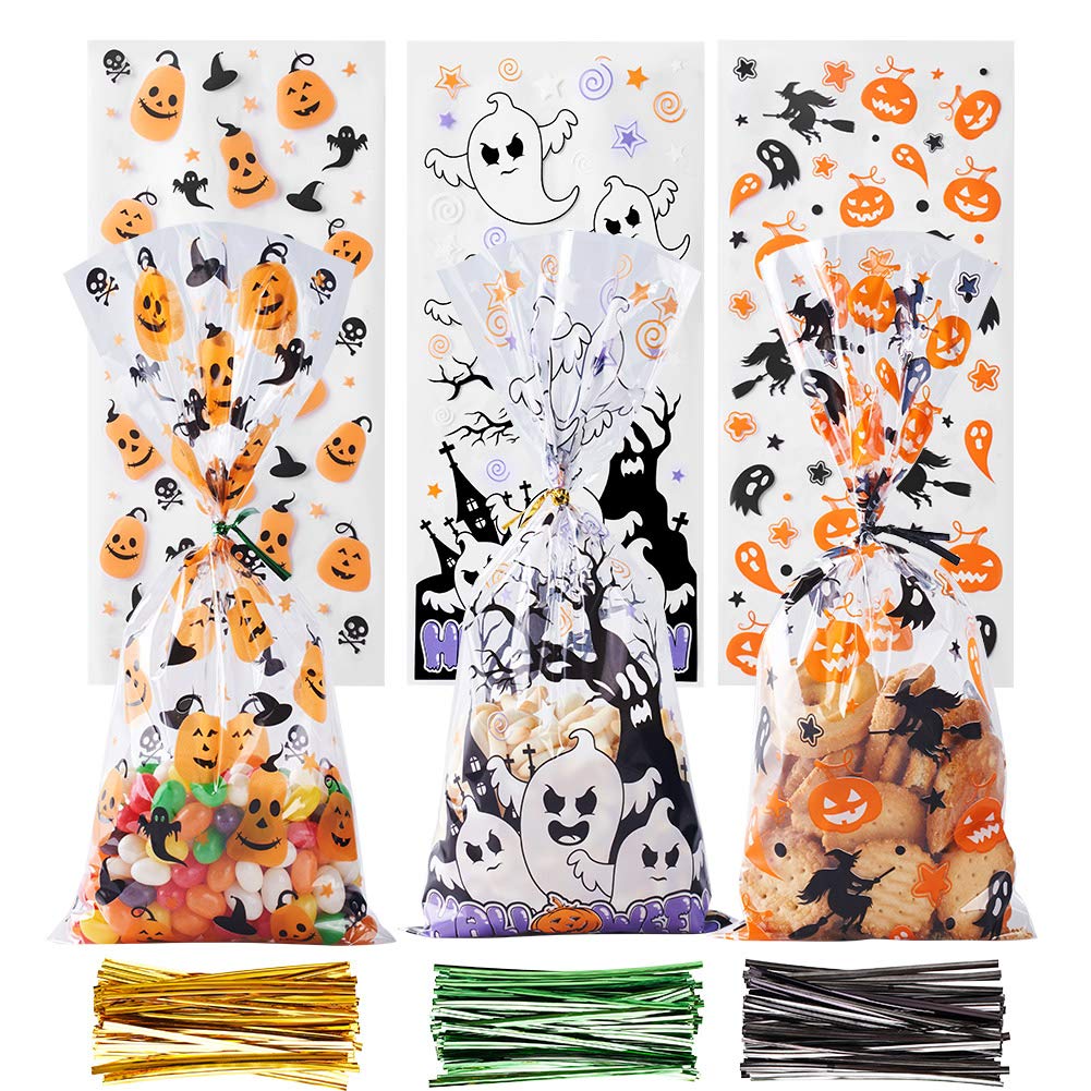 CCINEE Halloween Cellophane Treat Bags, 150pcs Halloween Plastic Clear Candy Bag